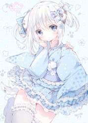 Rule 34 | 1girl, blue eyes, blue theme, bow, colored skin, dress, floral background, floral print, flower, frilled dress, frills, hair flower, hair ornament, highres, japanese clothes, kimono, lace trim, long hair, moco ofuton, original, pale skin, polka dot, polka dot background, ribbon, signature, thighhighs, thighs, white hair, white skin