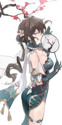 Rule 34 | 1girl, absurdres, aqua eyes, ass, bare shoulders, beads, berserker r, black hair, breasts, brown hair, chinese clothes, cleavage, clothing cutout, dress, gloves, hand fan, highres, holding, holding fan, honkai: star rail, honkai (series), jewelry, long hair, looking at viewer, medium breasts, necklace, ruan mei (honkai: star rail), short sleeves, shoulder cutout, solo, thighs, white background