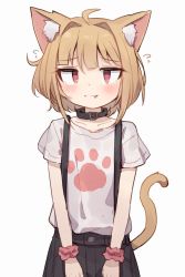 Rule 34 | 1girl, :3, ahoge, animal ear fluff, animal ears, black collar, black skirt, blonde hair, blush, cat ears, cat girl, cat tail, collar, commentary, english commentary, fang, fang out, highres, looking at viewer, multicolored shirt, original, paw print, paw print pattern, pink scrunchie, print clothes, print shirt, red eyes, scrunchie, shirt, shone, short hair, short sleeves, simple background, skirt, smile, solo, suspender skirt, suspenders, tail, white background, white shirt, wrist scrunchie