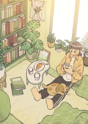 Rule 34 | 1girl, absurdres, animal, animal on lap, barefoot, black pants, book, bookshelf, brown eyes, brown hair, closed eyes, croissant, cup, dated commentary, dog, food, highres, holding, holding phone, indoors, long sleeves, looking at phone, mannerer62, on lap, open clothes, open shirt, original, pants, phone, pillow, plant, plate, potted plant, shirt, short hair, sitting, solo, spoon, table, white shirt, window, yellow shirt