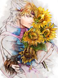 Rule 34 | 1boy, battle tendency, blonde hair, blue jacket, bouquet, caesar anthonio zeppeli, facial mark, feather hair ornament, feathers, fingerless gloves, flower, gloves, green eyes, hair ornament, headband, highres, jacket, jojo no kimyou na bouken, male focus, mikan03260, partially colored, pink scarf, scarf, solo, wilted flower