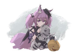 Rule 34 | 1girl, animal ear fluff, animal ears, arknights, axe, black hat, e-bushi, hair between eyes, hat, highres, holding, holding axe, jack-o&#039;-lantern, looking at viewer, mini hat, purple eyes, purple hair, shamare (arknights), solo, stuffed animal, stuffed dog, stuffed toy, tail, twintails, v-shaped eyebrows, wrist cuffs
