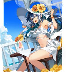 Rule 34 | 1girl, :d, armpits, arms up, bare shoulders, bikini, bikini skirt, blue eyes, blue sky, bracelet, braid, breasts, chair, cleavage, collarbone, commentary request, copyright request, cup, day, drink, drinking glass, feet out of frame, flower, hands on headwear, hat, hat flower, hibiscus, highres, hinia, jewelry, korean commentary, long hair, medium breasts, mole, mole on arm, multicolored hair, navel, open mouth, outdoors, railing, side braid, sitting, sky, smile, solo, sun hat, swimsuit, table, two-tone hair, very long hair, white bikini, white hair, white hat, yellow flower