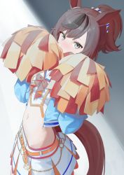 Rule 34 | 1girl, animal ears, belt, black eyes, black hair, blush, breasts, brown hair, character request, covering face, highres, horse ears, horse girl, horse tail, looking at viewer, midriff, multicolored hair, navel, nice nature (run&amp;win) (umamusume), pom pom (cheerleading), ponytail, skirt, solo, syhan, tail, two-tone hair, umamusume
