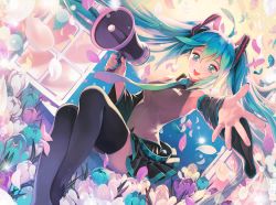 Rule 34 | 1girl, ahoge, aqua eyes, aqua hair, armpits, chkuyomi, detached sleeves, dutch angle, floating hair, flower, foreshortening, hatsune miku, long hair, megaphone, nail polish, necktie, open mouth, outstretched arm, petals, sitting, skirt, solo, thighhighs, twintails, very long hair, vocaloid, window