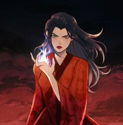 1girl artist_name avatar:_the_last_airbender avatar_legends azula black_hair closed_mouth commentary fire floating_hair gittanart gradient_background highres japanese_clothes kimono long_finger long_hair looking_at_viewer red_kimono red_lips solo wide_sleeves yellow_eyes