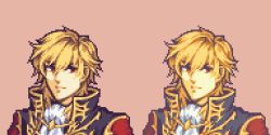 Rule 34 | 1boy, bad id, bad twitter id, beige background, blonde hair, buskhusker, close-up, closed mouth, eldigan (fire emblem), fire emblem, hair between eyes, highres, looking to the side, male focus, nintendo, pixel art, portrait, red eyes, simple background, solo, upper body, variations