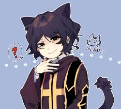 Rule 34 | 1boy, ?, animal ears, black eyes, black nails, cat, cat boy, cat ears, cat tail, chinese commentary, closed mouth, commentary request, long sleeves, male focus, nail polish, paw print, purple hair, purple tail, romaji text, rostina-pason, saibou shinkyoku, short hair, smile, solo, spoken question mark, stole, tail, utsugi noriyuki, wide sleeves, yellow pupils