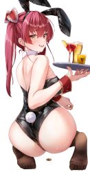 Rule 34 | 1girl, absurdres, alcohol, animal ears, ass, back, bare shoulders, black leotard, blush, bow, bowtie, breasts, coin, commentary request, cup, detached collar, drink, drinking glass, fake animal ears, fake tail, feet, food, from behind, fruit, gold coin, hair between eyes, heterochromia, highres, holding, holding coin, holding tray, hololive, houshou marine, iroha (unyun), large breasts, leotard, long hair, looking at viewer, looking back, median furrow, no shoes, open mouth, playboy bunny, rabbit ears, rabbit tail, red bow, red bowtie, red eyes, red hair, smile, soles, solo, strapless, strapless leotard, tail, toes, transparent background, tray, twintails, virtual youtuber, wrist cuffs, yellow eyes