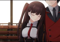 Rule 34 | 1boy, 1girl, artist name, bench, black neckwear, braid, breasts, brown hair, buttons, closed eyes, closed mouth, collared shirt, day, double-breasted, french braid, girls&#039; frontline, griffin &amp; kryuger military uniform, hair ribbon, head out of frame, head tilt, highres, jacket, keenh, lens flare, letterboxed, medium breasts, military, military jacket, military uniform, necktie, on bench, one side up, outdoors, park bench, parted lips, red jacket, red neckwear, red ribbon, ribbon, shirt, simple background, sitting, sleeping, sleeping upright, smile, solo focus, striped clothes, striped shirt, uniform, upper body, vertical-striped clothes, vertical-striped shirt, wa2000 (girls&#039; frontline), white background, white shirt, wing collar
