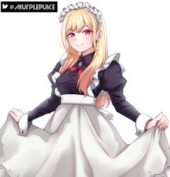 Rule 34 | 1girl, absurdres, apron, artist name, barbell piercing, black dress, blonde hair, commentary, dress, ear piercing, earrings, english commentary, gradient hair, highres, industrial piercing, jewelry, kitagawa marin, long hair, long sleeves, looking at viewer, maid, maid apron, maid headdress, multicolored hair, murplepuke, piercing, puffy long sleeves, puffy sleeves, red eyes, red hair, simple background, solo, sono bisque doll wa koi wo suru, standing, swept bangs, twitter username, watermark, white background, white wrist cuffs, wrist cuffs