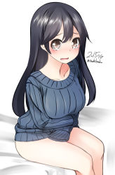 Rule 34 | 10s, 1girl, 2015, bad id, bad pixiv id, black hair, blush, bottomless, brown eyes, dated, kantai collection, long hair, naked sweater, nekobaka, ribbed sweater, signature, solo, sweater, tears, twitter username, ushio (kancolle), wavy mouth