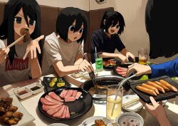 Rule 34 | 4girls, alcohol, beer, black eyes, black hair, black shirt, blue shirt, bowl, chopsticks, clothes writing, cooking, cup, drinking glass, eating, food, grill, grilling, highres, holding, holding chopsticks, holding plate, indoors, long hair, long sleeves, making-of available, meat, multiple girls, obon (ensoku 300en), open mouth, original, plate, ponytail, rice, sauce, sausage, shirt, short hair, short sleeves, soda, t-shirt, table, white shirt, yakiniku