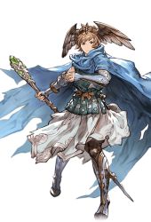 Rule 34 | 10s, 1boy, alpha transparency, armor, blue gloves, boots, breastplate, brown eyes, brown hair, cape, fingerless gloves, full body, gloves, gran (granblue fantasy), granblue fantasy, head wings, male focus, minaba hideo, mystic (granblue fantasy), official art, serious, short hair, solo, staff, standing, transparent background, wings