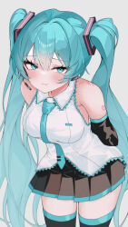 1girl :3 absurdres aqua_eyes aqua_hair aqua_necktie arms_behind_back blush breasts eikawa_suru hatsune_miku headset highres looking_at_viewer medium_breasts necktie simple_background skirt solo thighhighs twintails vocaloid white_background zettai_ryouiki