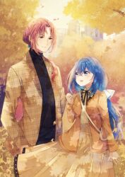 Rule 34 | 1boy, 1girl, :d, age difference, autumn, bag, black shirt, blue eyes, blue hair, blurry, blurry background, brown hair, brown jacket, day, dress, eye contact, hair between eyes, hair up, hand up, handbag, highres, hiyono soradori, jacket, long hair, long sleeves, looking at another, open mouth, original, outdoors, shirt, smile, unmoving pattern, very long hair, yellow dress