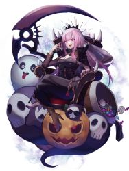 Rule 34 | 1girl, black dress, breasts, candy, cleavage, death-sensei (mori calliope), dress, food, halloween, highres, holding, holding scythe, hololive, hololive english, jack-o&#039;-lantern, crossed legs, long hair, looking down, mori calliope, pink eyes, pink hair, scythe, simple background, sitting, skull, solo, sooon, tiara, veil, virtual youtuber, white background