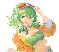 Rule 34 | 1girl, :d, arm up, bandeau, bingansuan jiamouren, breasts, cleavage, commentary, covered navel, cropped jacket, detached collar, goggles, goggles on head, green eyes, green hair, gumi, gumi (ai megpoid), headphones, highres, jacket, long sleeves, looking at viewer, medium breasts, open clothes, open jacket, open mouth, orange jacket, photoshop (medium), red-tinted eyewear, simple background, smile, solo, strapless, tinted eyewear, tube top, upper body, vocaloid, white background