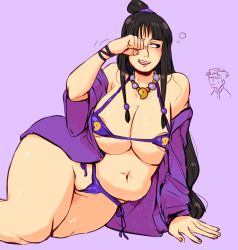 Rule 34 | 1boy, 1girl, ace attorney, areola slip, belly, bikini, black eyes, black hair, breasts, cleavage, highres, huge breasts, japanese clothes, kimono, long hair, maya fey, notsafeforfruit, open mouth, plump, sitting, smile, swimsuit, wide hips