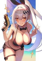 Rule 34 | 1girl, :p, bare shoulders, beach, bikini, black bikini, blush, bow, bowtie, breasts, cleavage, cloud, cloudy sky, collarbone, commentary request, cowboy shot, crescent, crescent earrings, dakunesu, day, detached collar, earrings, five-seven (cruise queen) (girls&#039; frontline), five-seven (girls&#039; frontline), fn five-seven, front-tie bikini top, front-tie top, girls&#039; frontline, gun, hair between eyes, hair ornament, halterneck, handgun, high ponytail, highleg, highleg bikini, highres, holding, holding gun, holding weapon, jewelry, large breasts, leg ribbon, long hair, looking at viewer, navel, ocean, official alternate costume, outdoors, pdw-caliber pistol, ponytail, rabbit hair ornament, ribbon, side-tie bikini bottom, side-tie bottom, sidelocks, silver hair, sky, smile, solo, sparkle, string bikini, swimsuit, thigh ribbon, thigh strap, tongue, tongue out, v, very long hair, weapon, wet, wet clothes, wet swimsuit, yellow eyes