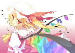 Rule 34 | 1girl, ascot, bad id, bad pixiv id, blonde hair, bow, female focus, flandre scarlet, hat, looking back, oota minoru, open mouth, pointy ears, red eyes, shirt, side ponytail, skirt, skirt set, solo, touhou, upper body, wind, wings