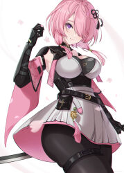 Rule 34 | 1girl, absurdres, belt, black gloves, black pantyhose, blush, breasts, cleavage, closed mouth, elbow gloves, gloves, hair ornament, hair over one eye, highres, looking at viewer, medium hair, pantyhose, pink hair, purple eyes, skirt, smile, solo, tacet mark (wuthering waves), taoqi (wuthering waves), tassel, thigh strap, thighs, uriuritei, wuthering waves