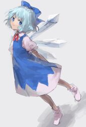 Rule 34 | 1girl, arched back, arms behind back, blue dress, blue eyes, blue hair, cirno, dress, ice, ice wings, isshin (kaxz), looking back, ribbon, short hair, simple background, smile, touhou, wings