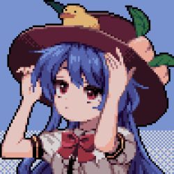 Rule 34 | 1girl, ahiru tokotoko, bird, black headwear, blue background, blue hair, bow, bowtie, closed mouth, duck, food, fruit, hinanawi tenshi, leaf, long hair, peach, red bow, red bowtie, red eyes, short sleeves, solo, touhou, upper body