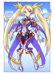 Rule 34 | &gt;:), 1girl, blonde hair, blue eyes, bodysuit, bradamante (fate), breasts, covered navel, fate/grand order, fate (series), full body, gloves, highres, large breasts, long hair, looking at viewer, oomasa teikoku, shiny clothes, shoes, skin tight, solo, twintails, very long hair, winged footwear, winged hair ornament, wings