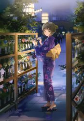 Rule 34 | 1girl, absurdres, anmi, bag, brown hair, cellphone, closed mouth, floral print, full body, green eyes, hair bun, highres, holding, japanese clothes, kimono, long sleeves, looking at viewer, morning glory print, obi, original, phone, purple kimono, sandals, sash, scan, simple background, single hair bun, smartphone, smile, solo, standing, toes, wide sleeves, wind chime