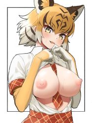 Rule 34 | 1girl, :d, animal ear fluff, animal ears, between breasts, black hair, blonde hair, breasts, breasts out, commentary, deku suke, dress shirt, elbow gloves, extra ears, fang, gloves, gradient hair, hair between eyes, heart, highres, kemono friends, large breasts, looking at viewer, multicolored hair, necktie, necktie between breasts, nipples, no bra, open clothes, open mouth, open shirt, plaid, plaid necktie, plaid skirt, plaid trim, puffy nipples, red necktie, red skirt, shirt, short hair, short sleeves, simple background, skirt, smile, solo, sweat, tiger (kemono friends), tiger ears, two-tone gloves, two-tone hair, upper body, white background, white gloves, white hair, white shirt, yellow eyes, yellow gloves