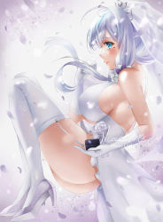 Rule 34 | 1girl, ahoge, ass, azur lane, back, bare shoulders, blue eyes, blush, box, breasts, dress, fetal position, flower, full body, garter belt, garter straps, gloves, hair flower, hair ornament, hand to own mouth, high heels, highres, holding, holding box, illustrious (azur lane), illustrious (morning star of love and hope) (azur lane), large breasts, legs, long hair, looking at viewer, looking to the side, mole, mole under eye, official alternate costume, petals, profile, sideboob, sidelocks, signature, smile, solo, thighhighs, those girls, veil, wedding dress, white dress, white gloves, white theme, white thighhighs