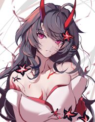 Rule 34 | 1girl, absurdres, acheron (honkai: star rail), ahoge, arms under breasts, bare shoulders, black hair, blood, bloody tears, breasts, cleavage, collarbone, flower, head tilt, highres, honkai: star rail, honkai (series), horns, japanese clothes, kimono, large breasts, long hair, looking at viewer, markings, neck, off shoulder, parted lips, red eyes, red flower, red horns, red tattoo, red trim, solo, sparks summer, upper body, white background, white kimono