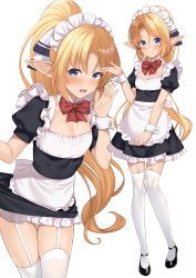 Rule 34 | 1girl, :d, absurdres, apron, black dress, black footwear, blonde hair, blue eyes, blush, bow, bowtie, breasts, cleavage, closed mouth, dress, elf, enjo kouhai, frilled apron, frills, garter straps, hand up, highres, iris (takunomi), long hair, looking at viewer, maid, maid headdress, multiple views, open mouth, pointy ears, ponytail, puffy short sleeves, puffy sleeves, red bow, red neckwear, shoes, short sleeves, sidelocks, simple background, skirt hold, small breasts, smile, standing, takunomi, thighhighs, very long hair, waist apron, white apron, white background, white thighhighs