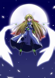 Rule 34 | 1girl, blonde hair, clarino, full moon, gradient background, green eyes, kanjo haruka, lethal crisis, looking down, md5 mismatch, mishiro haruka, moon, official art, resolution mismatch, ribbon, sky, solo, source larger