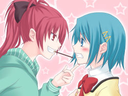 Rule 34 | 10s, 2girls, bad id, bad pixiv id, blue eyes, blue hair, blush, eye contact, finger to own chin, food, hachiya mei, hand on another&#039;s face, hands on another&#039;s face, long hair, looking at another, mahou shoujo madoka magica, mahou shoujo madoka magica (anime), miki sayaka, multiple girls, pink background, pocky, ponytail, red eyes, red hair, sakura kyoko, short hair, star (symbol), tears