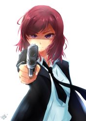 Rule 34 | 10s, 1girl, absurdres, aiming, aiming at viewer, artist request, black necktie, collared shirt, formal, frown, gun, handgun, highres, holding, holding gun, holding weapon, love live!, love live! school idol project, necktie, nishikino maki, purple eyes, red hair, shaded face, shirt, simple background, solo, suit, weapon, white background