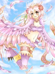 Rule 34 | 1girl, ahoge, bird legs, blush, breasts, character request, cleavage, dragon poker, feathers, flower, flying, hair between eyes, hair flower, hair ornament, hairband, harpy, highres, lena07x, long hair, midriff, monster girl, navel, open mouth, pink eyes, pink feathers, pink hair, pink wings, red flower, sky, small breasts, solo, talons, very long hair, winged arms, wings
