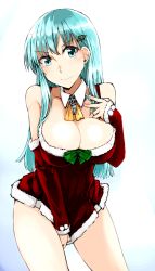 Rule 34 | 10s, 1girl, blue eyes, blue hair, breasts, christmas tree hair ornament, cleavage, cosaten, detached collar, detached sleeves, dress, dress tug, fur trim, hair ornament, twirling hair, kantai collection, large breasts, long hair, looking at viewer, smile, solo, suzuya (kancolle)