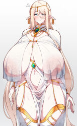 Rule 34 | 1girl, absurdres, blonde hair, blue eyes, blush, breast curtains, breasts, breasts apart, closed mouth, cowboy shot, curvy, earrings, elf, elf princess (konoshige), female focus, gigantic breasts, gradient background, groin, hair between eyes, hair ornament, highres, huge areolae, jewelry, konoshige (ryuun), lace, long hair, navel, original, pelvic curtain, pointy ears, revealing clothes, see-through, shiny skin, sidelocks, skindentation, smile, solo, standing, sweat, thick thighs, thighhighs, thighs, very long hair, wide hips