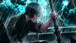 Rule 34 | 1boy, black eyes, black hair, blood, blood on arm, blood on hands, closed mouth, collared shirt, dress shirt, game cg, green shirt, harpoon, highres, holding, holding weapon, lightning, limbus company, male focus, nai ga, nosebleed, official art, project moon, rain, rope, scar, scar on arm, scar on face, shirt, short hair, solo, storm, waves, weapon, wing collar, yi sang (project moon)
