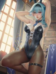 Rule 34 | 1girl, animal ears, armpits, arms up, black hairband, black leotard, blue hair, blue necktie, bookshelf, breasts, brown eyes, brown pantyhose, center opening, cleavage, closed mouth, covered navel, curtains, day, detached collar, eula (genshin impact), expressionless, fake animal ears, genshin impact, hairband, highres, indoors, large breasts, leg up, leotard, lips, long hair, looking at viewer, necktie, pantyhose, playboy bunny, rabbit ears, sciamano240, signature, solo, strapless, strapless leotard, thigh strap, thighs, window, wrist cuffs