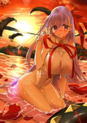 Rule 34 | 1girl, absurdres, baba (baba seimaijo), bare shoulders, bb (fate), bb (fate) (all), bb (swimsuit mooncancer) (fate), bb (swimsuit mooncancer) (third ascension) (fate), breasts, commentary request, covered navel, derivative work, fate/grand order, fate (series), flower on liquid, gloves, grin, hair between eyes, hair ribbon, highleg, highleg leotard, highres, large breasts, leotard, long hair, looking at viewer, neck ribbon, petals, petals on liquid, purple eyes, purple hair, red ribbon, ribbon, seiza, shallow water, sitting, smile, solo, sunset, very long hair, water, white gloves, white leotard