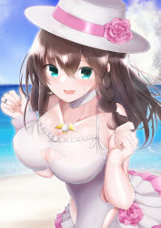 Rule 34 | 1girl, absurdres, beach, blush, breasts, charlotte corday (fate), cleavage, fate/grand order, fate (series), hat, highres, large breasts, outdoors, solo, swimsuit, tagme, upper body