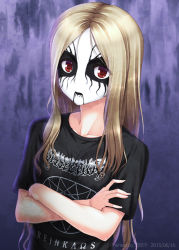 Rule 34 | 1girl, black metal, black shirt, corpse paint, crossed arms, dark background, dissection (band), face paint, heavy metal, looking at viewer, miyai sen, red eyes, shirt, solo