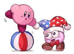 Rule 34 | :d, :o, balancing, ball, blue eyes, blue hat, blush, blush stickers, bow, bowtie, brown footwear, chiimako, commentary request, fangs, hat, jester cap, kirby, kirby (series), looking at another, marx (kirby), nintendo, no humans, open mouth, polka dot, polka dot headwear, pom pom (clothes), purple eyes, red bow, red bowtie, red hat, shoes, simple background, smile, standing, standing on one leg, triangle print, white background
