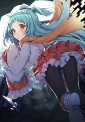Rule 34 | 1girl, ass, black pantyhose, blue hair, blush, boots, brown scarf, brown skirt, closed mouth, commentary request, crystal, frilled sleeves, frills, from behind, gurasion (gurasion), holding, holding spoon, jacket, layered skirt, long hair, long sleeves, looking at viewer, looking back, miyako (princess connect!), pantyhose, pleated skirt, princess connect!, red eyes, scarf, shoe soles, skirt, sleeves past fingers, sleeves past wrists, solo, spoon, two side up, utensil in mouth, very long hair, white footwear, white jacket