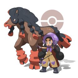 Rule 34 | 1girl, bag, black footwear, black hair, bonnet, boots, brown jumpsuit, commentary request, creatures (company), eyelashes, game freak, gen 7 pokemon, gloves, grey eyes, hapu (pokemon), highres, island kahuna, jumpsuit, long hair, mudsdale, nintendo, official style, open mouth, outstretched arms, poke ball symbol, pokemon, pokemon (creature), pokemon sm, purple bag, purple headwear, short sleeves, size difference, standing, tellzeta, thick eyebrows, tongue, twintails, very long hair, white background