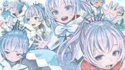 Rule 34 | 6+girls, aged down, blue eyes, blush, capelet, child, end card, english text, happy, long hair, multiple girls, multiple persona, murata range, official art, rwby, rwby ice queendom, sad, snowing, weiss schnee, white hair