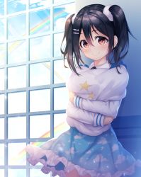 Rule 34 | 1girl, against wall, bad id, bad pixiv id, black hair, blue skirt, blush, cloud print, frilled skirt, frills, hair between eyes, hair ornament, hairpin, indoors, kokkeina budou, kyouou ena, light blush, long sleeves, looking at viewer, love live!, love live! school idol festival, love live! school idol project, hugging object, pillow, pillow hug, print pillow, print skirt, rainbow, red eyes, skirt, smile, solo, star (symbol), star print, twintails, window, wing hair ornament, yazawa nico